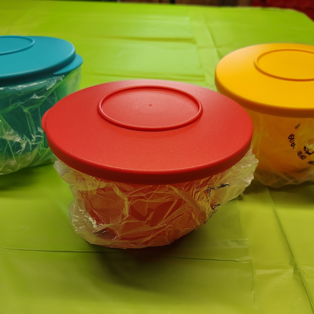 Tupperware Red, Yellow, and Blue Food Storage Set